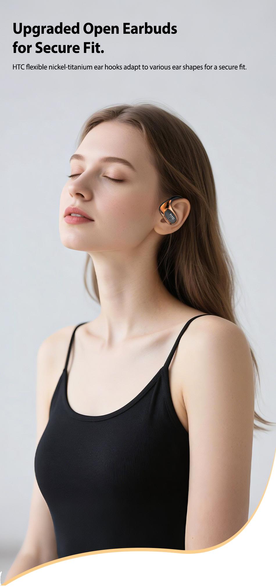 HTC NE35 New Open-Ear Headphones, True Wireless Bluetooth Earphones with Microphone, Earhook Earbuds with 48 Hours of Playtime, Fast Charging, IP55 Water-Resistant, Black