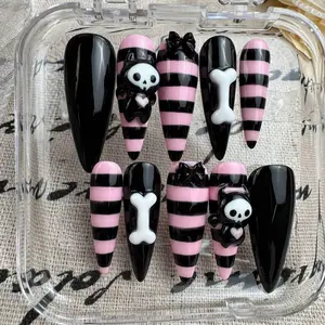 Goth Kawaii 3D Press On Nails, Pink Black Stripes and Skeleton Charms