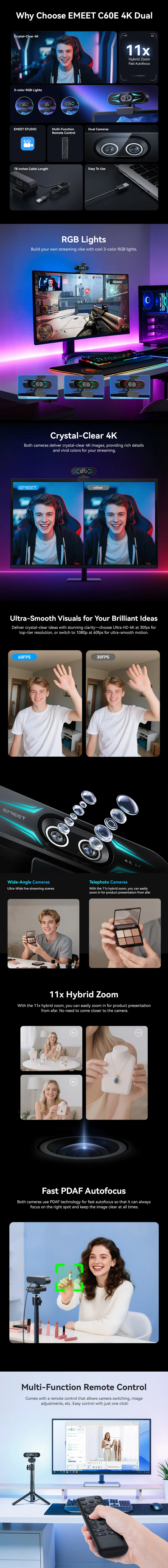 EMEET C60E Compact CMOS 4K Dual Cam Webcam with Remote, RGB LED Lights, 11x Zoom, Auto Focus, USB Microphone & Physical Privacy Cover (4K@30fps/1080P@60fps) - Webcam for PC, Streaming Computer Accessory for Makeup, Zoom, Gaming