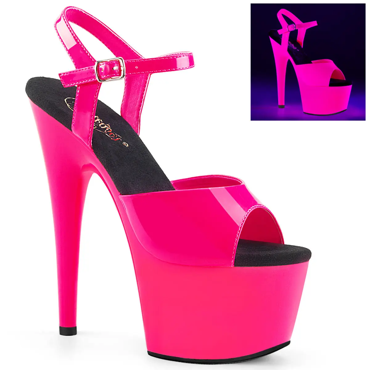 Pleaser Adore-709UV Neon Platform High Heels, Women's Ankle Strap Sandals with 7-Inch Heel, UV Reactive Fashion for Night Outs, Whimsy, Style