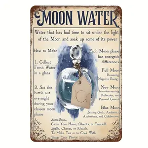 Vintage Metal Moon Water Sign 12x8 Inch with Blue Moon Phase and Elegant Glass Bottle Design Ideal for Home Decor Living Room Bedroom Garden Office Cafe or Bar