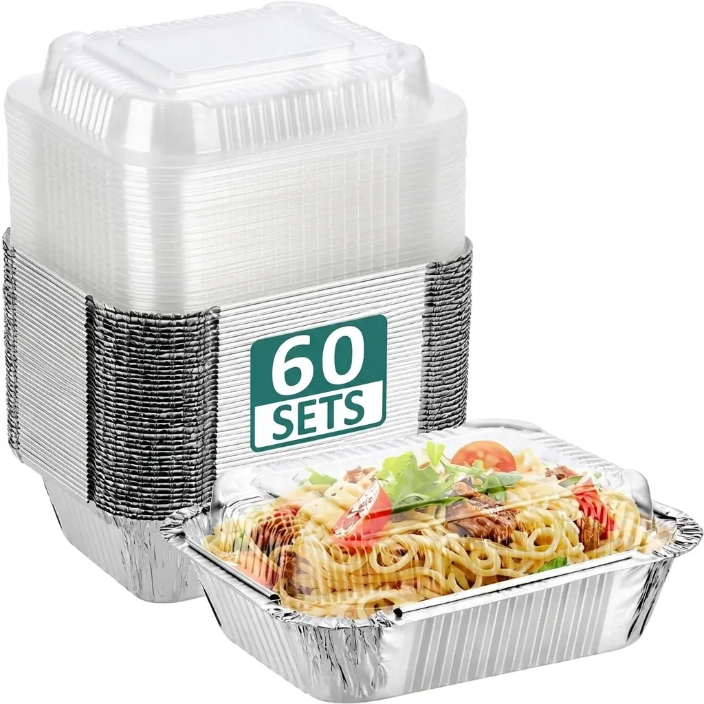60-Pack Disposable Aluminum Foil Food Containers with Transparent Lids, Kitchenware Cookware Disposable Cookware, Mini 4.9x3.7x1.2in Trays for Oven Baking, Outdoor BBQ, Takeout Storage & Freezing, Portable Catering Use, Square