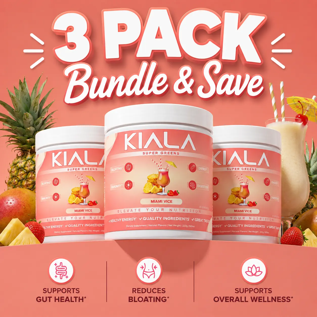 Kiala Nutrition Miami Vice Organic Super Greens Powder Dietary Supplement (3 Pack)