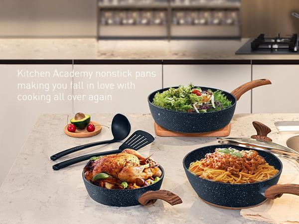 [New Colors] Kitchen Academy 12 Piece Nonstick Pots and Pans Set, Non Stick Induction Cookware Set, Kitchen Cooking Set, Frying Pans Saucepans, Silicone Steel Aluminium Glass Lid Stove