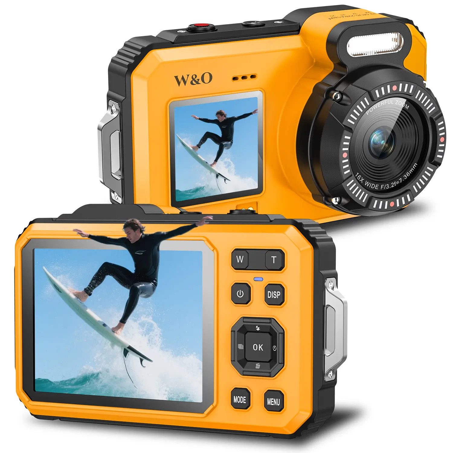 W&O 4K Underwater Camera, 64MP 33FT Waterproof Camera for Snorkeling with 32GB Card Dual-Screen Compact Dustproof Floatable Autofocus UHD 64MP Point and Shoot Digital Camera 2500mAh Battery, Yellow