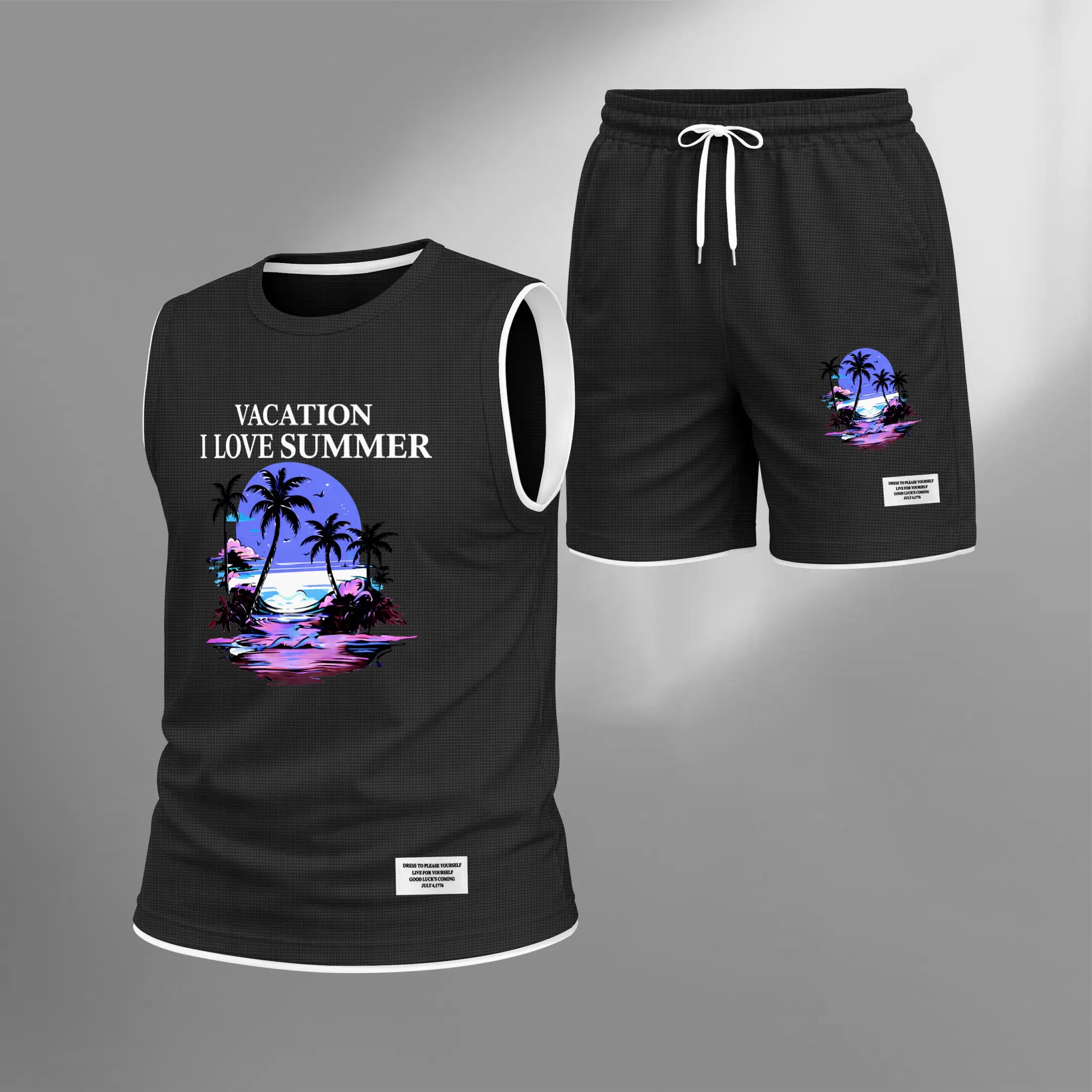 Men’s Tropical Beach Graphic Print Summer Set Sleeveless Tank Top & Shorts Matching Outfit, Vacation Island Print Lightweight Casual Streetwear Set for Everyday & Holiday