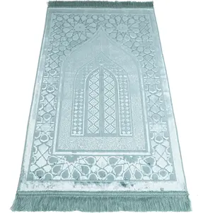 Luxury Velvet Islamic Prayer Rug Moroccan Star - Ice Blue
