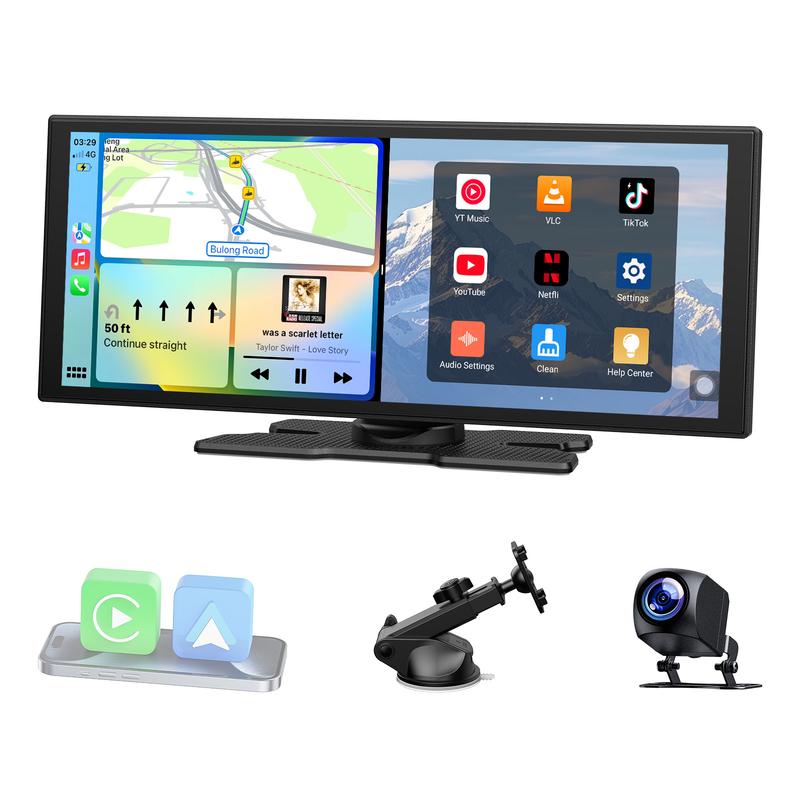 【JumpstartSale】VOLAM 10.25" Wireless CarPlay Screen — Supports Netflix, YouTube, TikTok apps, 720P Parking Backup Camera, split-screen app display, ideal for navigation and in-car entertainment Compatible with iPhone 8–15+ and Android 11+