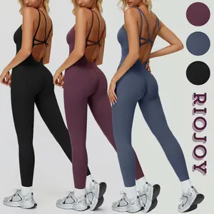 RIOJOY Crisscross Women's Solid Jumpsuit with Bra seamless Romper One Piece Backless Bodysuit Tummy Control Workout Outfit Sleeveless Unitard Yoga Bodycon Gym Sportswear Shapewear for All Seasons