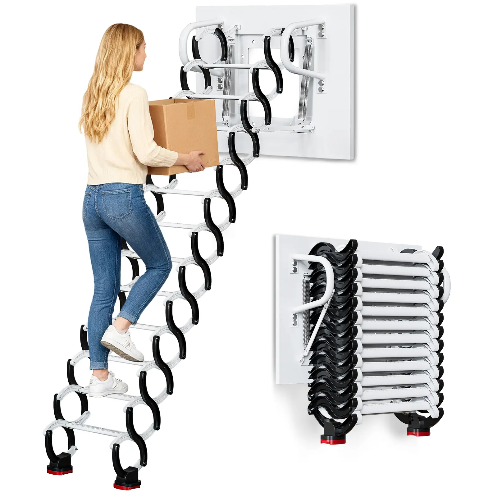 Wall-Mounted Aluminum Telescoping Foldable Loft Ladder Kit with Handrails, 12-Step 10.1ft Folding Staircase, 882 lbs Capacity, Durable Design, Effortless Stretching, Easy Installation, Ladders for Home, Indoor/Outdoor Use, Attic/Garage Access