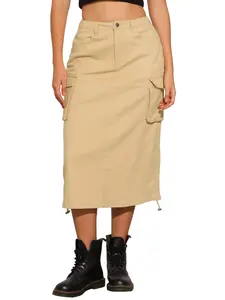 INSPIRE CHIC Women's Cargo Skirt Y2K Adjustable Casual A-Line Midi Long Denim Skirt Light Khaki