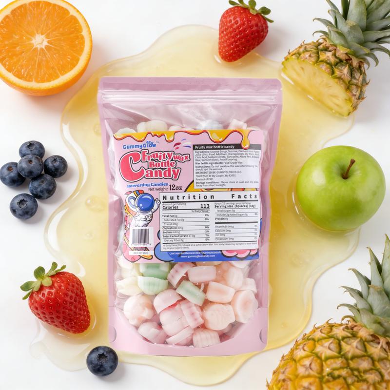 【Updated Version】GummyGlow Wax Bottle Candy 12 oz coconut Bag - Variety Flavor Fruit Jelly Filled（Blue Raspberry，Green Apple，Pineapple，Orange，Strawberry）- Fun Shapes & Edible Wax Sweet Snack for Parties Bonbon Sweet Fruit Bite.viral candy