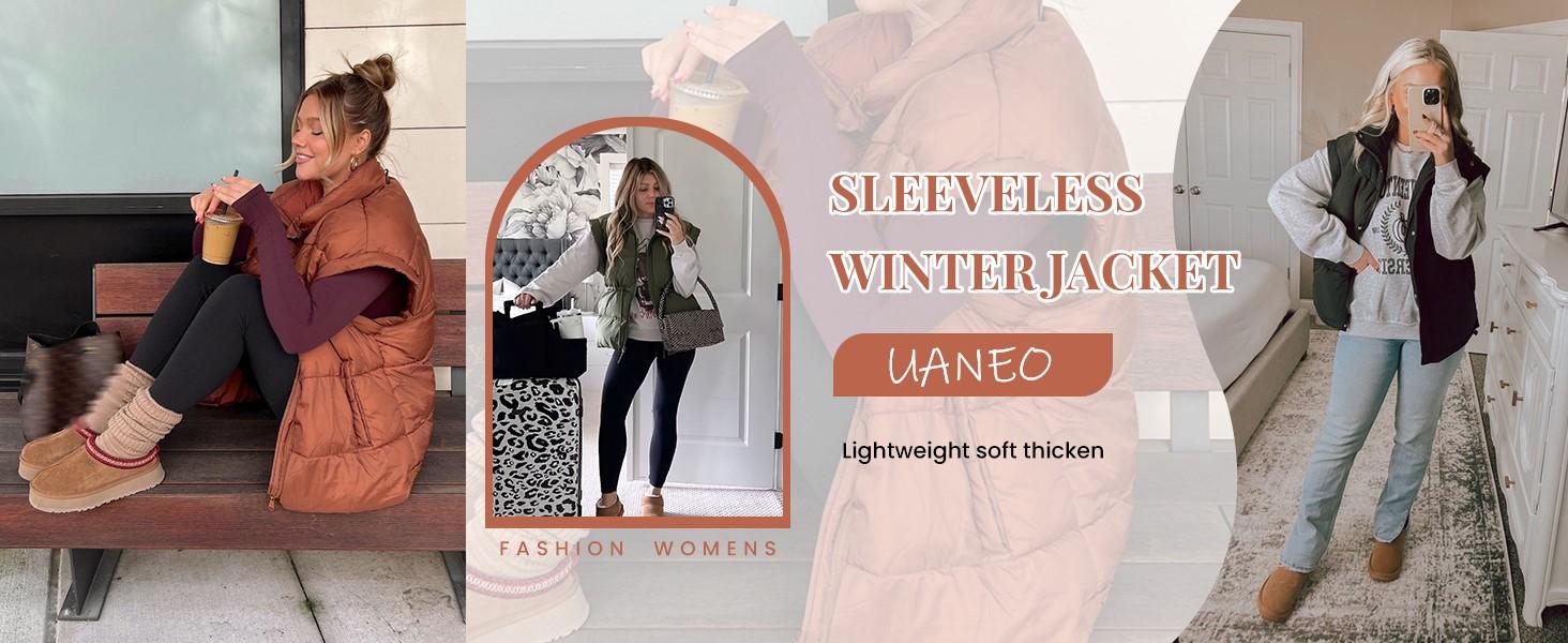 UANEO Women's Puff Vest Winter Drawstring Stand Collar Full Zip Sleeveless Padded Gilet