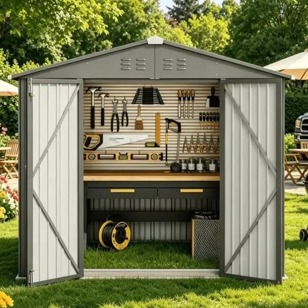 【2 Packages Shipping】Gizoon 8x6 FT Outdoor Storage Shed, Corrosion Metal Garden Shed, Dark Grey | Double Lockable Doors, Fits Backyard/Patio/Lawn, Spacious Storage Clearance, Rust-Resistant Steel, All-Weather Resistant