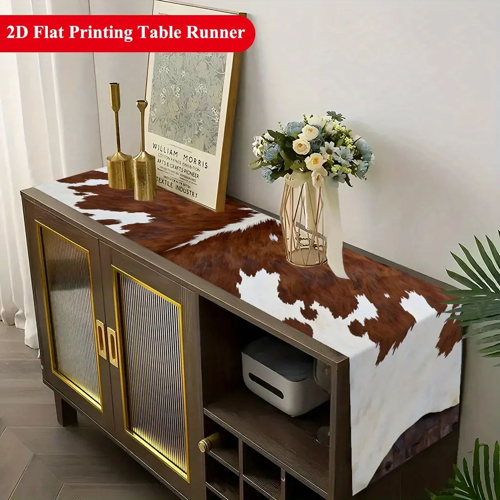 1pc Brown 13x72inch (72"(l) x 13"(w)) Cowhide Texture 100% Polyester Rectangular Table Runner - Wrinkle Resistant, Soft, Durable, Easy-Clean, Fade Resistant, Food-Safe Kitchen Linen for Dining Room Decor, Cartoon Character Musical Holiday Party Accessory