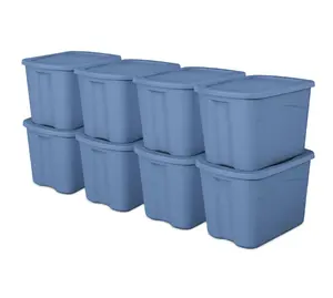 Sterilite Large Storage Bin, 18 Gallon Plastic Storage Tote with Snap-on Lid, Light Blue, 8 Pack