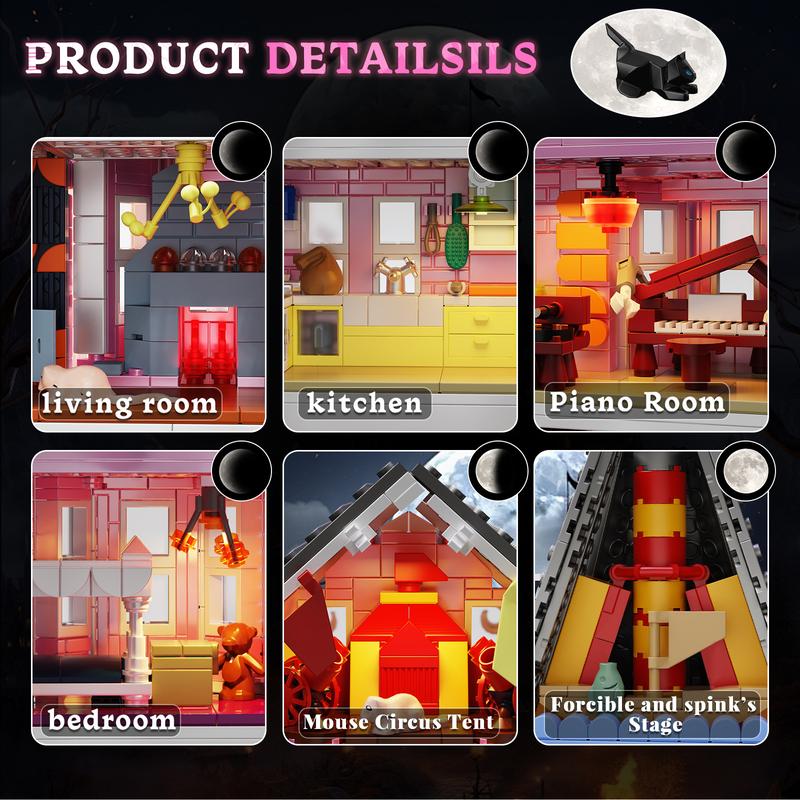 Classic Halloween Pink Mansion Building Blocks Set with LED Lighting, Piano Room, Kitchen, Attic, Bedroom, Living Room Included, Perfect Halloween & Christmas Toys and Gifts for Fans and Kids (1346 pcs) Playhouse