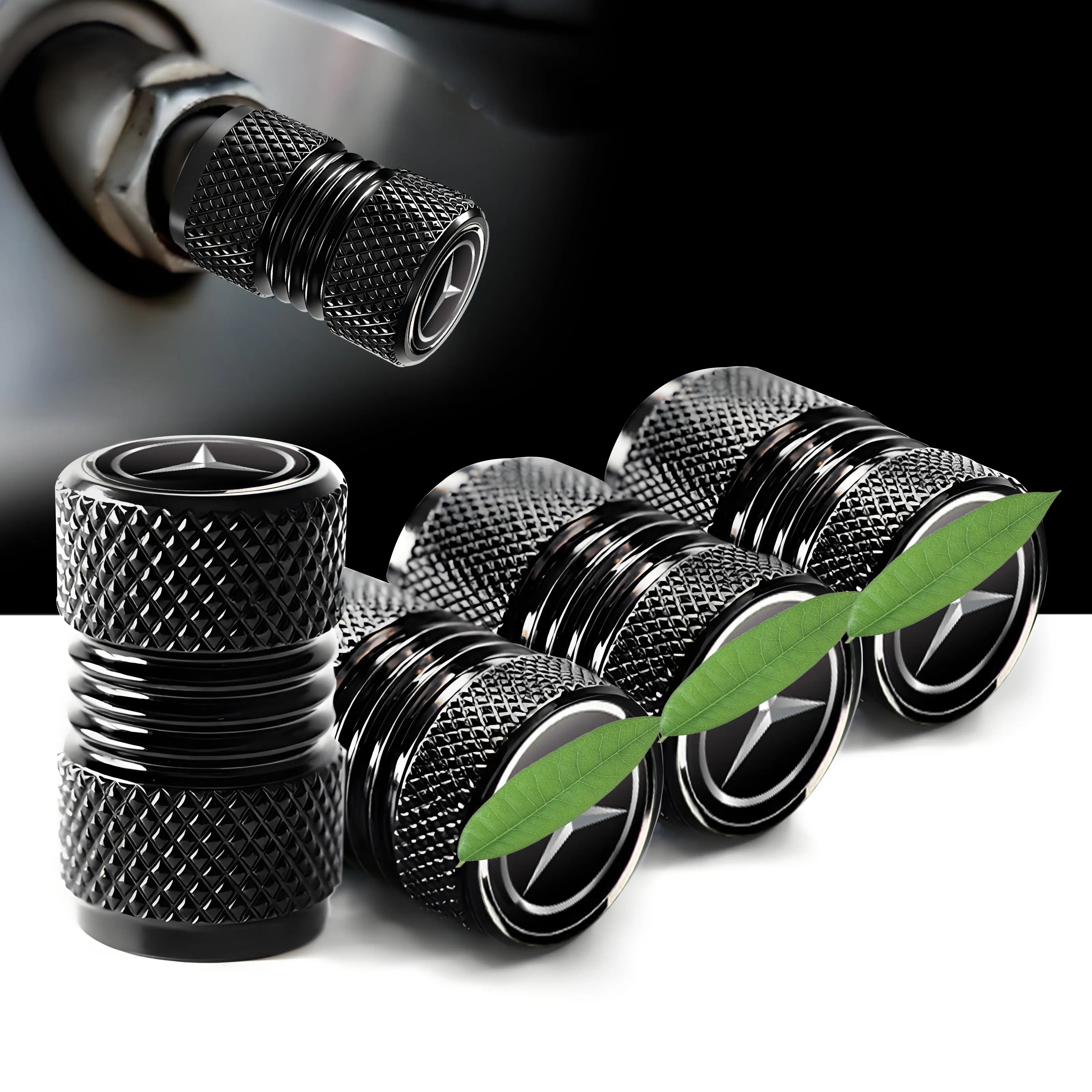 Black Aluminium Tire Valve Caps 4-Piece Set, Aftermarket Truck Wheels Valve Caps for GMC & Mercedes-Benz Vehicles, Corrosion-Resistant, Dustproof, Waterproof, Durable Auto/Motorcycle Accessory