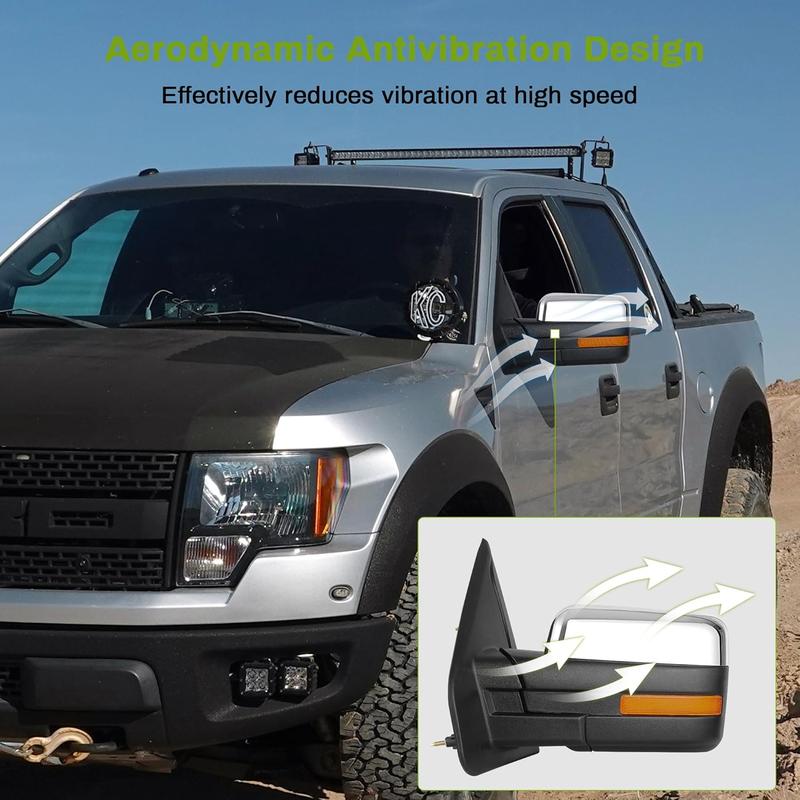 YITAMOTOR Power Heated Driver & Passenger Side Mirrors Car Accessories for 2007-2013 Ford F150 - Chrome Finish, Puddle Light Turn Signal, Enhanced Visibility