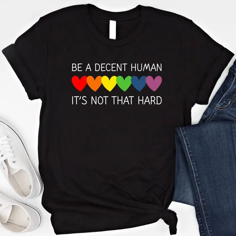 Men's Crewneck Sweatshirt, Be a Decent Human Graphic Top with Rainbow Hearts, Casual Comfy Breathable Cotton Pride Pullover, Everyday, Piece, Super Soft Wash, Crew Neck, Basics, True-To-Size For Laidback Weekend Feel, Machine Washable, Size Down For Fitte