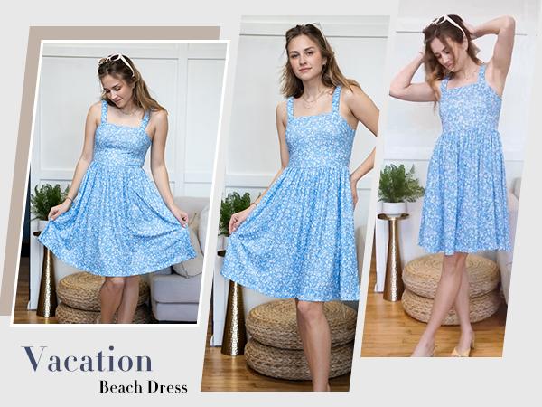 Women's Summer Dress Floral Square Neck Sleeveless Casual Dress with Pockets A-line Swing Mini Dresses Sundress