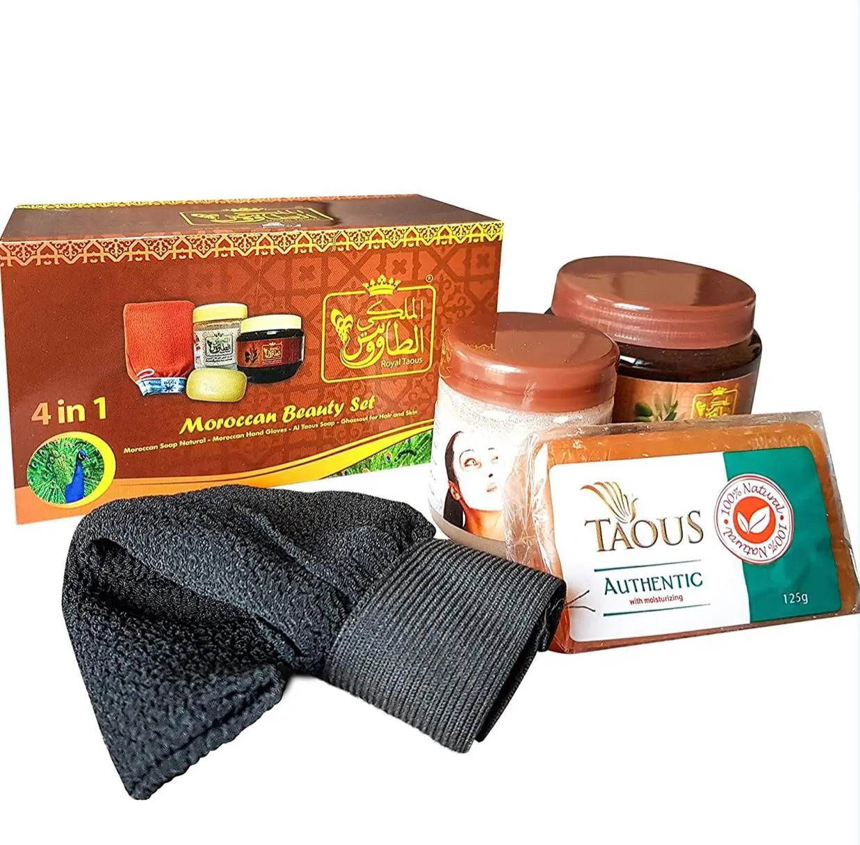 TAO 4-in-1 Traditional Moroccan Beauty Secrets Unisex Selfcare Pack - Natural Moroccan Soap, Taous Soap, Ghasoul Hair & Skin Blend, Hand Gloves Toiletries Kit for Body Care