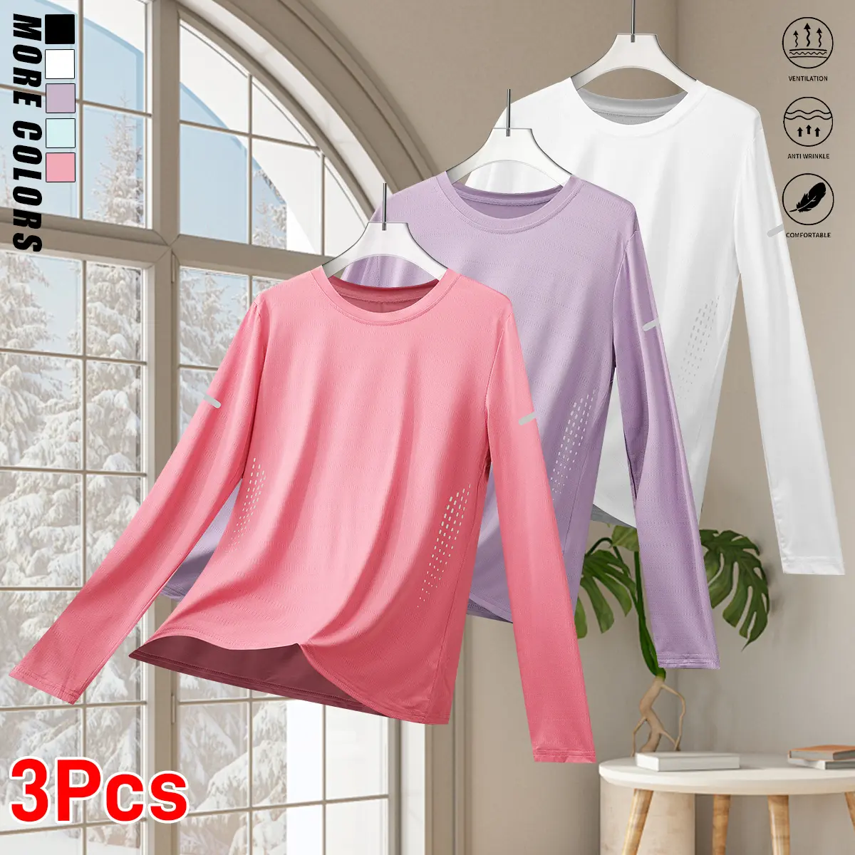 3PCS women’s gradient color long-sleeve sports T-shirts, breathable athletic tops with reflective details.Classic crew neck design suitable for year-round wear—ideal for running, gym workouts, and everyday casual wear; a women’s essential fashion sportswe