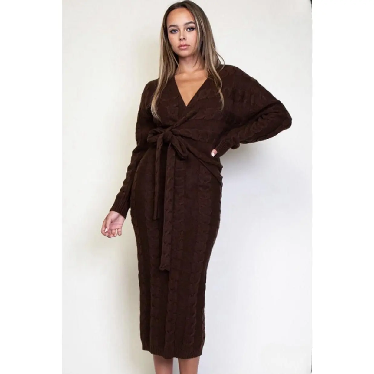 Dipped - Brown Knit Sweater Dress with Cable Knit Detail