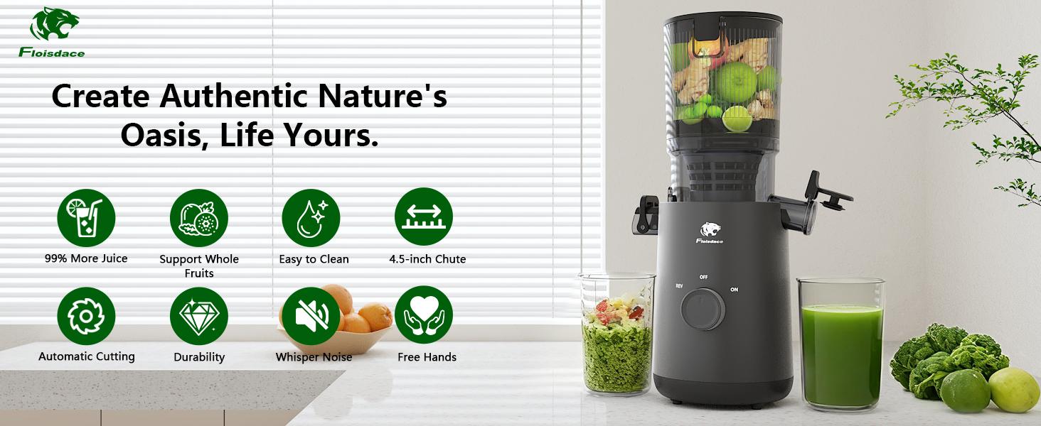 Cold press juicer, 5.3/6.0/6.5 inch wide feed chute juice extractor, with handle, high juice output rate, professional slow stirring type puree machine, suitable for whole vegetables and fruits, easy to clean, suitable for batch juicing.