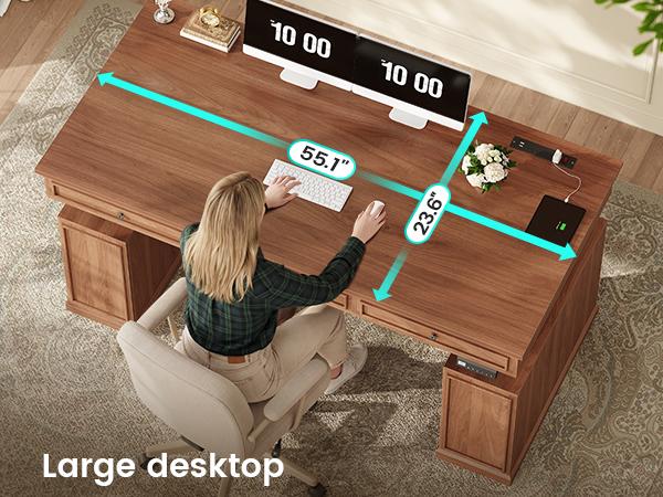 SEDETA 55.1 Inch Farmhouse Electric Standing Desk with 3 Drawers Height Adjustable Executive Office Desk with Storage Cabinet Computer Sit Stand Up Desk with Power Outlets