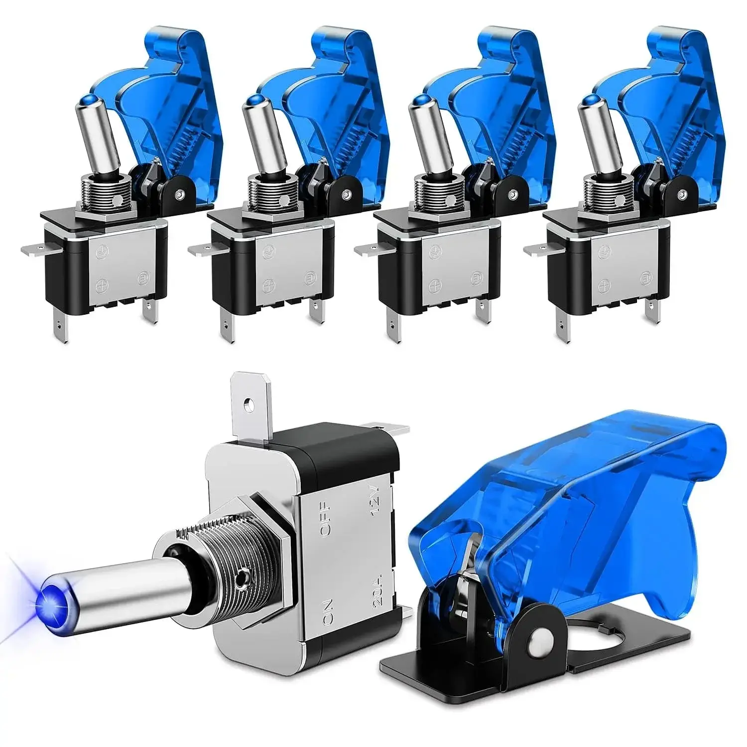 Nilight 5Pcs 3-Pin SPST Blade Rocker Toggle Switches - Rocker Style, Transparent Blue Safety Cover, On/Off Control, Brass Copper, 20A 12V, Quick Hookup, for Automotive Use, Electrical Equipment & Supplies