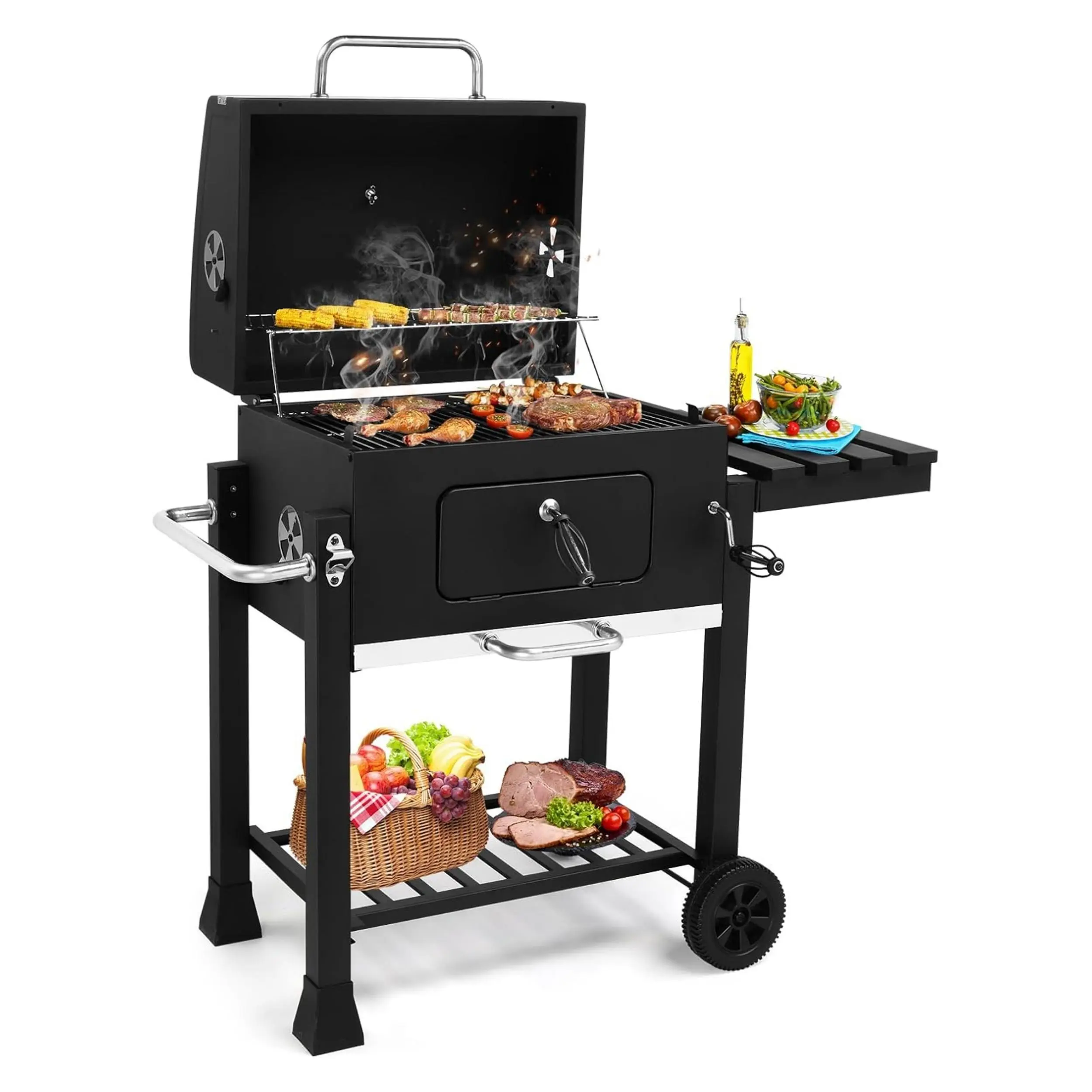 Ubesgoo Large Barrel Portable Charcoal BBQ Grill - 794 SQ.IN. Cooking Area, Adjustable Charcoal Tray, Foldable Side Table, Crank Handle for Backyard Patio Garden Party Tailgate Party, Portable Charcoal Grill, Grills