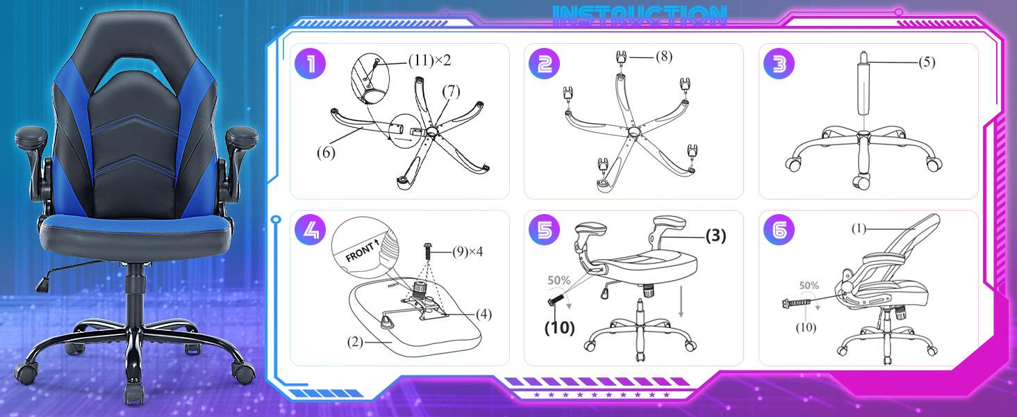 Sweet Furniture F Gaming Chair, Ergonomic Office Chair High Back Computer Chair with PU Leather and Flip-up Armrest, Executive Ergonomic Adjustable Swivel Task Chair