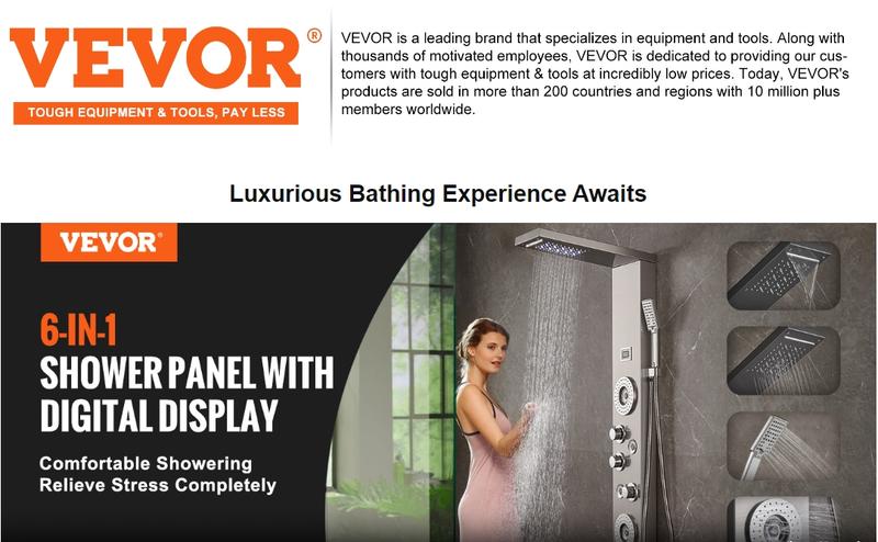 VEVOR Shower Panel System, TikTokShopBlackFriday, 6 Shower Modes, LED & Display Shower Panel Tower, Rainfall, Waterfall, 4 Body Massage Jets, Tub Spout, Handheld Shower Head 59" Hose, Stainless Steel Wall-Mounted Shower Set