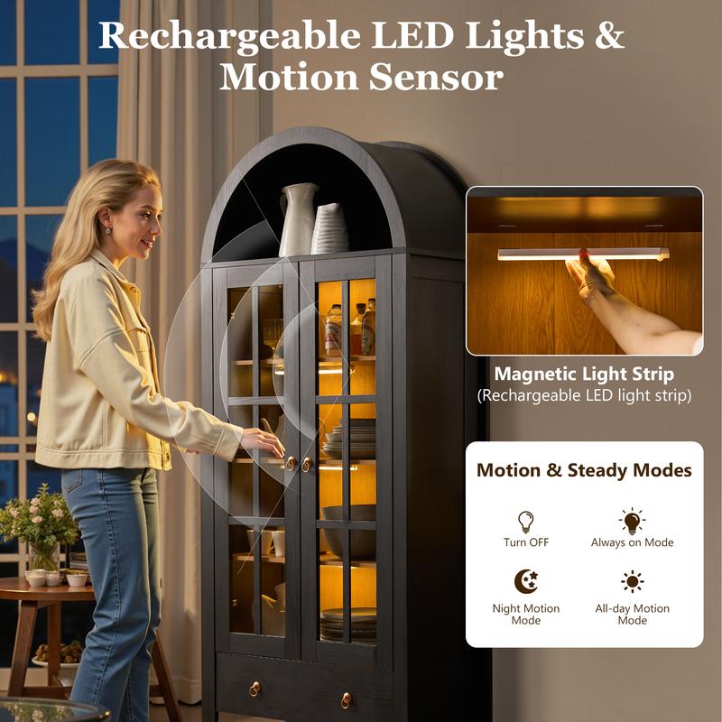 【Jumpstart Sale】71" Tall Arched Kitchen Pantry with Magnetic LED Lights, Modern Farmhouse Wood Kitchens Storage Cabinets with Large Drawers and Glass Door, Versatile Cupboard for Kitchen, Dining Room, Bathroom, Livingroom