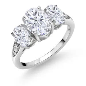Gem Stone King 10K White Gold 3-Stone Engagement Ring for Women | Moissanite Gemstone Birthstone & Lab Grown Diamond | Oval 8X6MM 6X4MM | Wedding Anniversary Ring