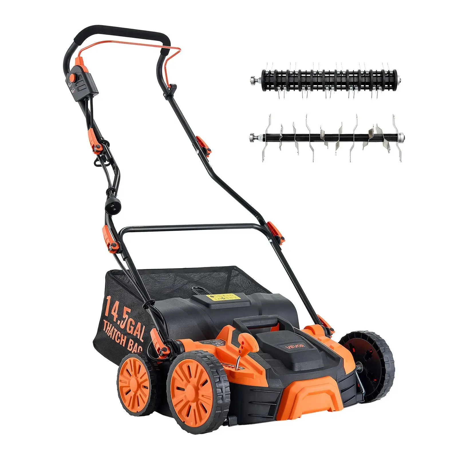 VEVOR 2-in-1 Electric Dethatcher and Scarifier, 16-Inch 15 Amp, Corded Lawn Dethatcher with 13/14.5-Gallon Thatch Collection Bag, 5-Position Depth Adjustment, Walk Behind Machine for Garden Yard Grass