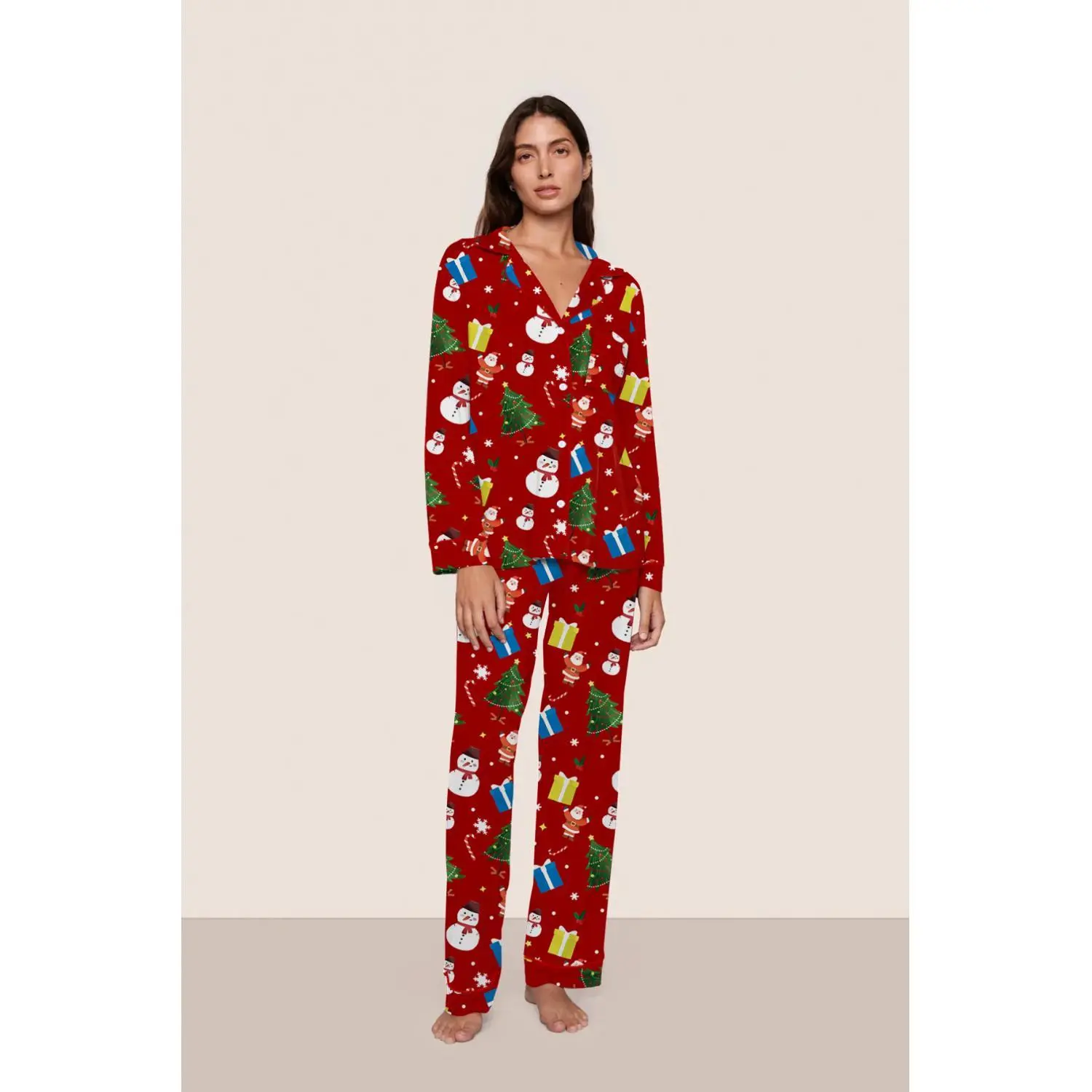 Red Christmas Print Women's Pajama Set - Snowman, Santa Claus & Tree Pattern - Cozy Long-Sleeve & Pants for Holiday Lounge Winterwear