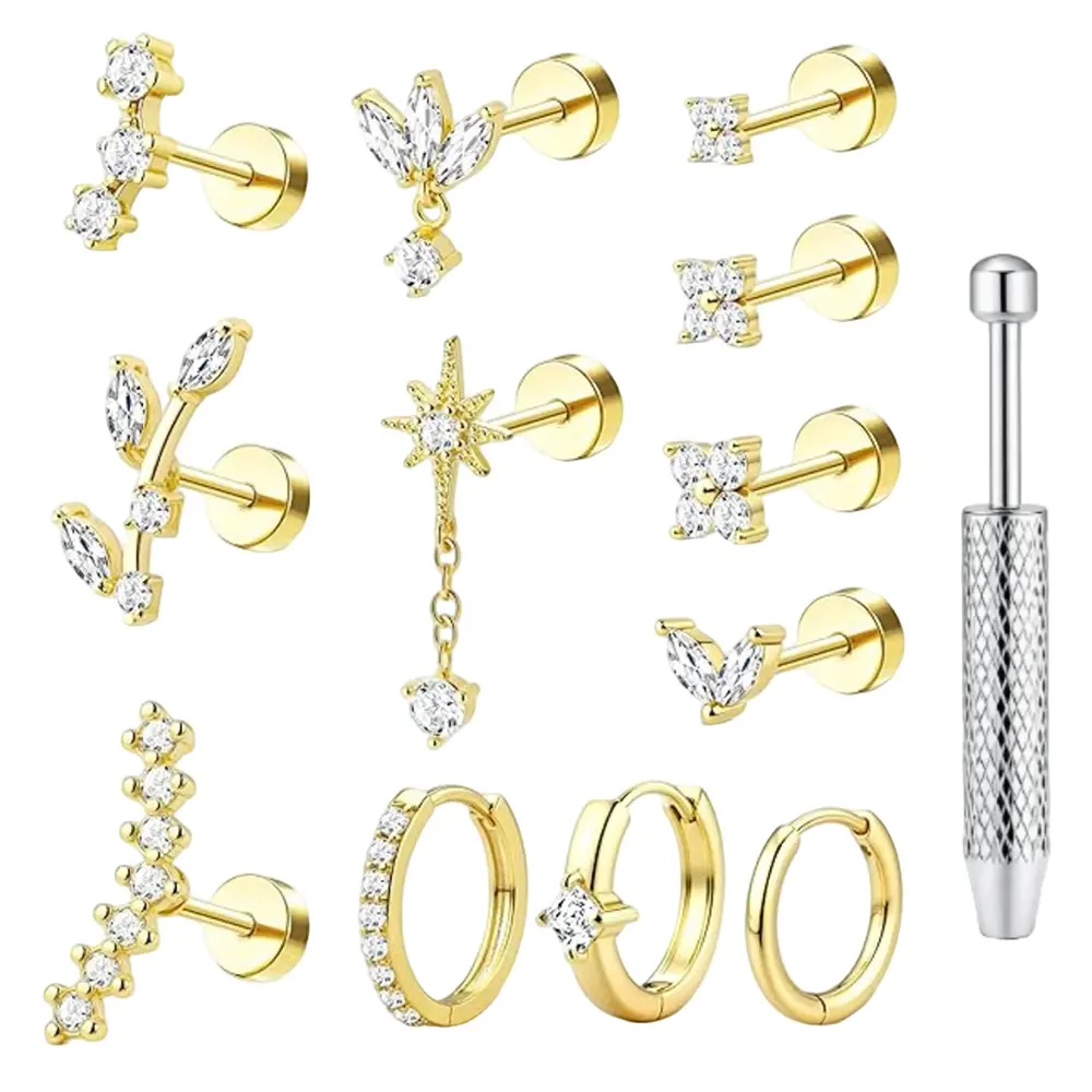 12 piece stainless steel earring set with grasping tools, suitable for women and girls, suitable for multi ear stacking, daily wear, and party wear