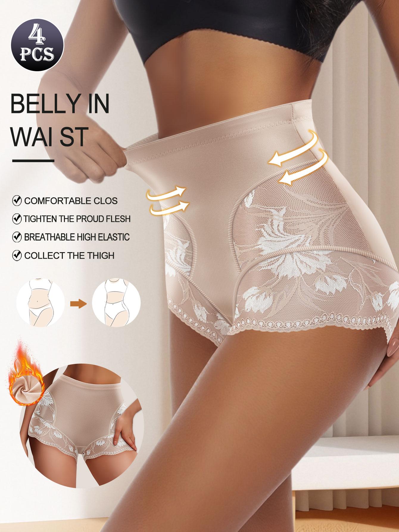 QUASTI 4PCS High-Waisted Glossy Fabric Lace Patchwork Women's Underwear, Soft Seamless Breathable Panties, Elegant Sexy Tummy Control Briefs, S-XXL SpringStatements