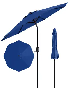 9ft Outdoor Patio Umbrella - 8 Sturdy Ribs, Crank Lift & Push Button Tilt, Waterproof UV Protection Market Table Umbrella for Garden, Deck, Pool, Backyard - Navy Blue, Beige