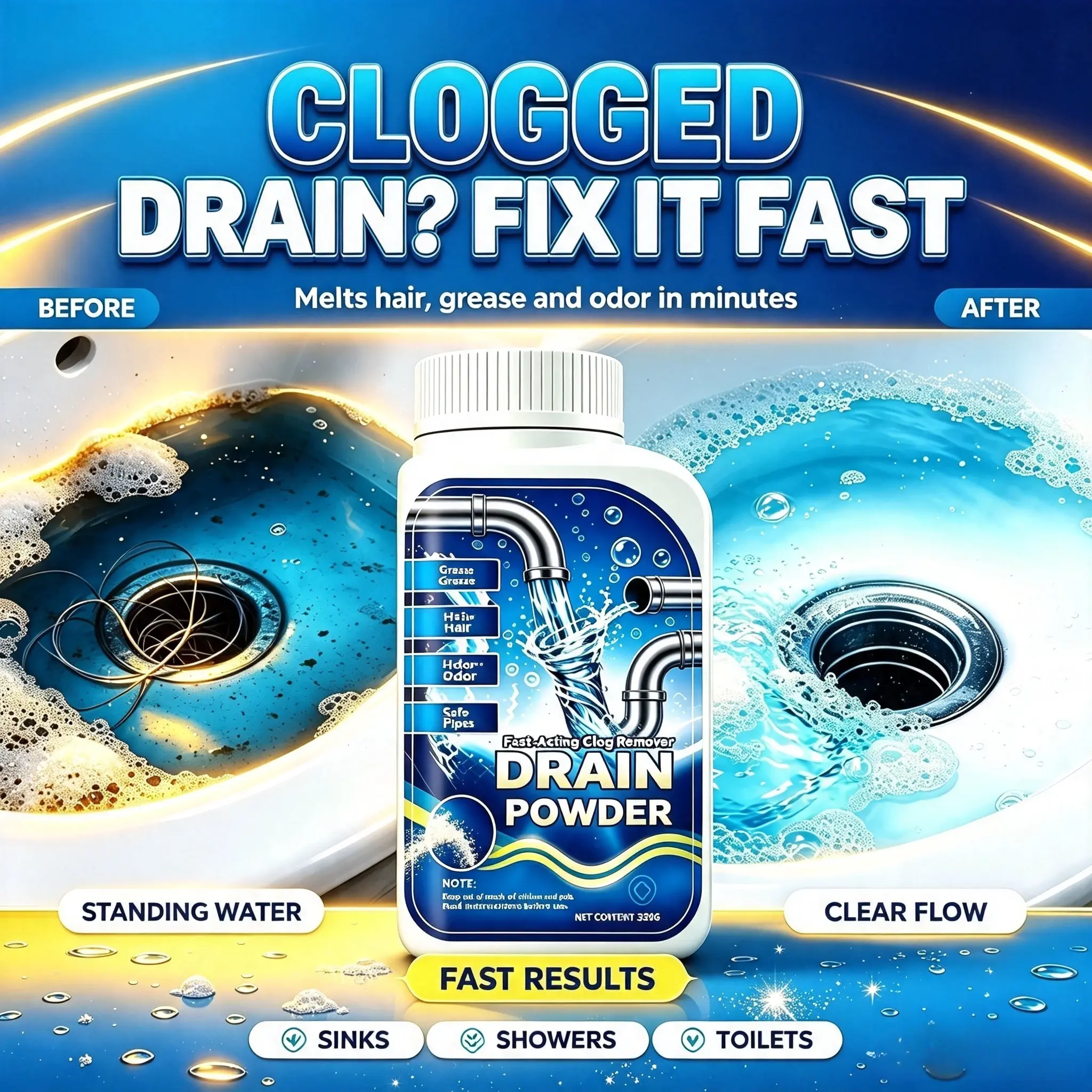1/2/3/4/6/12 pcs of Powerful Pipe Cleaning Agent - Drain CleaningTool,  drain opener,    Household Kitchen Cleaner, 99% Bacteria-Killing Solution, Odourless, Pipe-Safe, High-TempCompatible, Dissolves 200+ Blockages