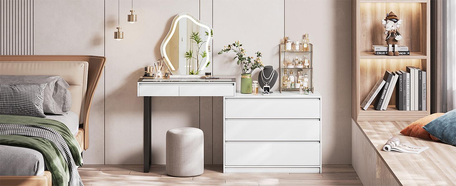 Miu Extendable Dressing Table with Drawers and Dresser, Corner Vanity Desk with Mirror，5-drawers，3-color-light