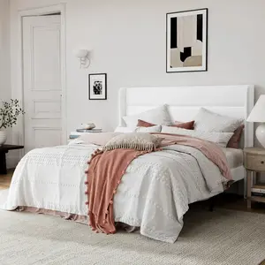 GOLDORO Platform Bed Frame Upholstered Horizontal Channel Tufted Wingback Headboard Wooden Slats Support No Box Spring Needed Easy Assembly Noise-Free Structure