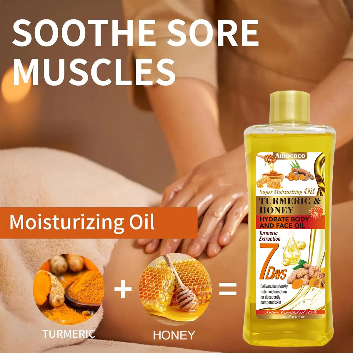 Turmeric Massage Oil & Turmeric Scrub – Infused with natural turmeric extract. The oil locks in moisture and nourishes skin; the scrub gently cleanses, leaving skin refreshed, smooth, hydrated, and healthy. Moisturizing