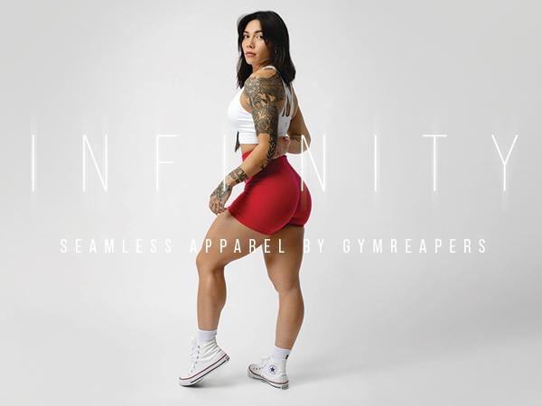 Gymreapers Infinity Seamless Gym Scrunch Shorts for Women 1 Pair Moisture Wicking Breathable Fabric Diamond Gusset Crotch Scrunch Back Two Tier Waistband High Waist Compression Fit Squat Proof Athletic Workout Shorts for Gym Training Fitness