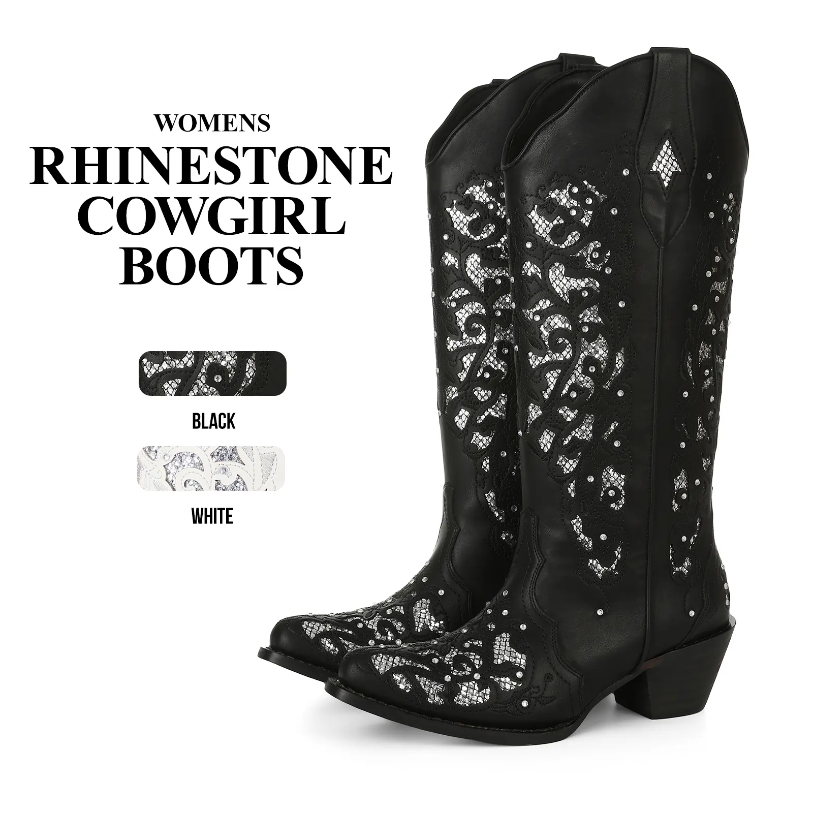 CYNLLIO Womens Cutout Rhinestone Design Embroidered Glitter Mid Calf Cowboy Boots Round Toe Chunky Block Heel Pull on Classic Wedding Party Event Concert Clubbing Summer Boots