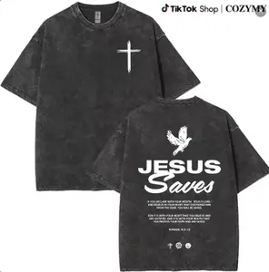Jesus saves - double-sided, worn-out vintage washed cotton printed T-shirt, round neck short sleeves. Fashionably loose and comfortable, suitable for travel and casual wear. Great choice for holiday gifts!