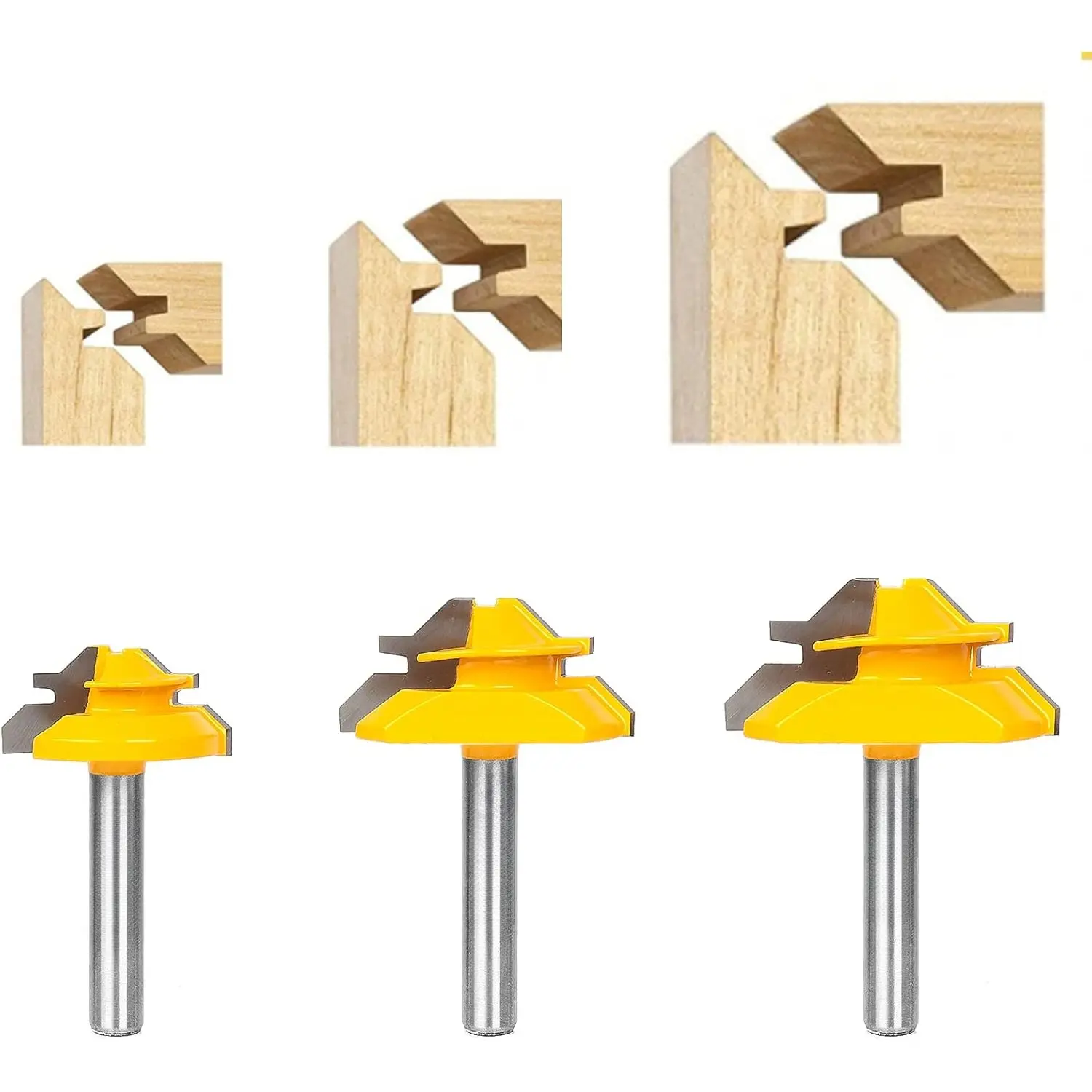 3Pcs 3 Different Sizes Carbide Tip Self-Aligned Lock Miter Router Bit Set, 1/4-Inch Shank, 45° Joint Making Cutters for 1/2-3/4-Inch Heights, Woodworking Tools for All Major Router Instruments, Cuts MDF & Softwood