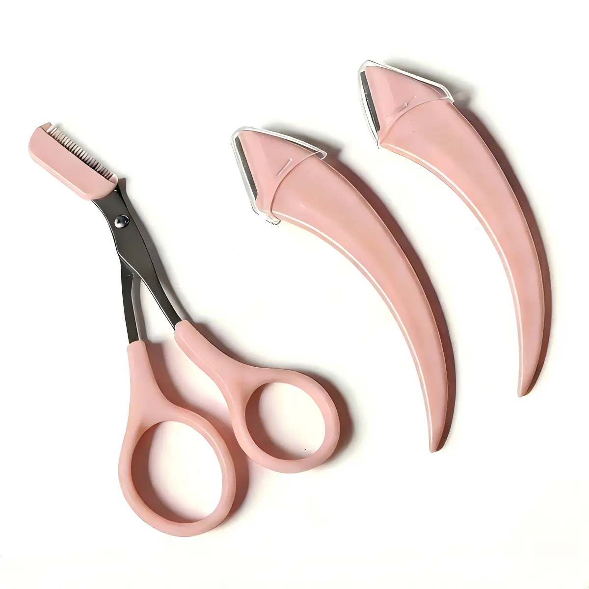 Professional Stainless Steel Eyebrow Grooming Set - 3-Piece Cosmetic Metal Trimmer Kit with 2 Curved Razors, Scissors, Smooth No-Cut Design, for Adults' Bathroom Flawless Shaping Makeup Tools, Bathroom Grooming